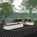 Courtyard Garden Design With Lush Greenery Seating Area Checkerboard Flooring And Ambient Lighting