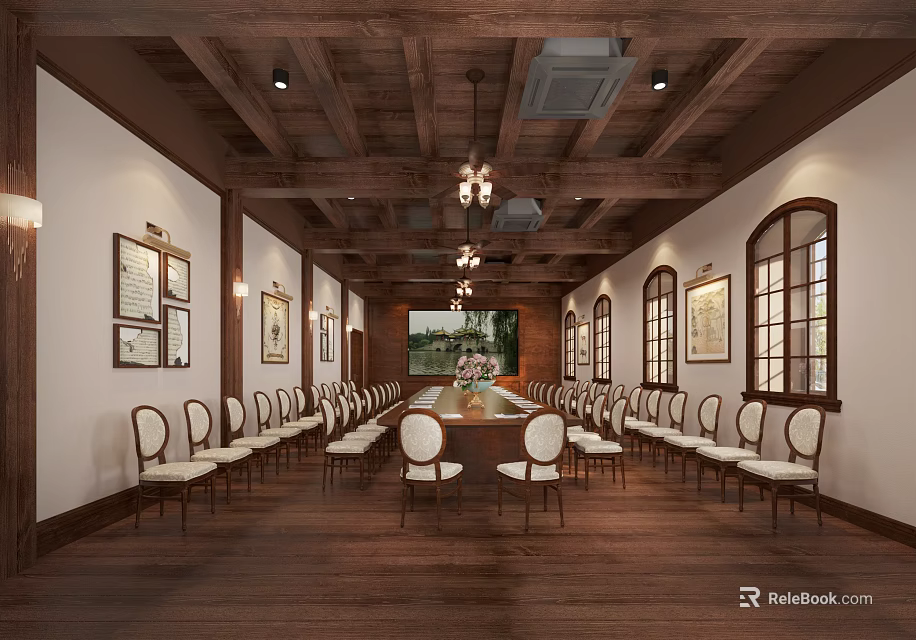Spacious Conference Room with Long Table Wooden Ceiling Chandeliers and Decorative Paintings 3d model 