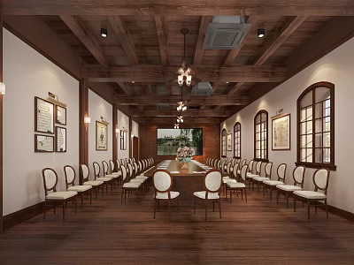 Spacious Conference Room with Long Table Wooden Ceiling Chandeliers and Decorative Paintings 3d model