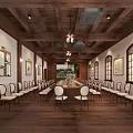 Spacious Conference Room with Long Table Wooden Ceiling Chandeliers and Decorative Paintings