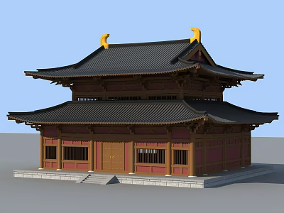 Traditional Ancient Chinese Two Story Architecture With Black Tiled Roof Red Walls And Yellow Decorations 3d model