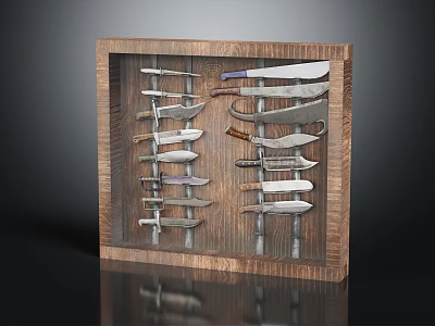 Wooden Display Case Furniture With Various Knives Neatly Arranged In Wooden Frame 3d model