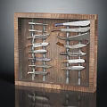 Wooden Display Case Furniture With Various Knives Neatly Arranged In Wooden Frame