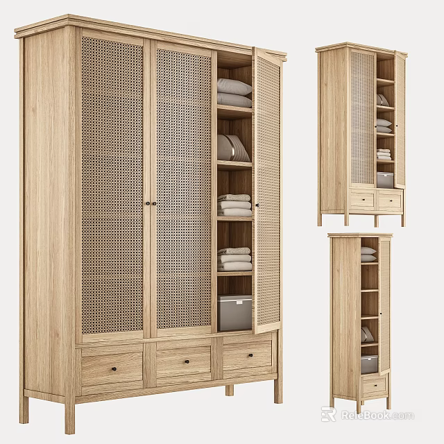 Modern Wooden Wardrobe With Rattan Panel Doors Shelves Drawers And Folded Clothes 3d model 