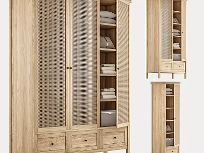 Modern Wooden Wardrobe With Rattan Panel Doors Shelves Drawers And Folded Clothes 3d model