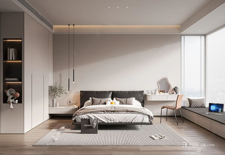 Modern Bedroom Interior Design With Large Bed Hanging Pendant Lights And Area Rug 3d model 