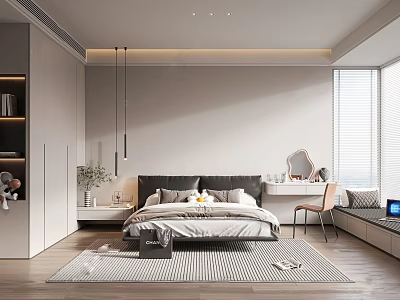 Modern Bedroom Interior Design With Large Bed Hanging Pendant Lights And Area Rug 3d model