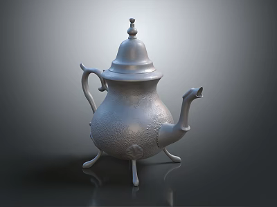 Silver Carved Teapot With Lid Curved Spout And Three Feet On Smooth Dark Surface 3d model