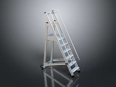 Silver Metal Portable Ladder With Wheels And Foldable Step Design 3d model