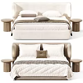 Modern Upholstered Double Bed With Soft Pillows Throw Blanket Wooden Side Table And Color Options