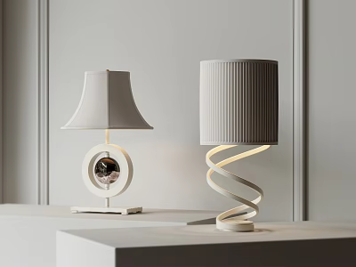 Modern Table Lamps With White Gray Shades Circular Spiral Bases On White Table Light Wall 3d model
