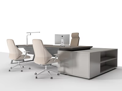 Modern Office Desk With Ergonomic Chairs Desk Lamp Computer Monitor And Side Cabinet 3d model