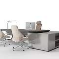 Modern Office Desk With Ergonomic Chairs Desk Lamp Computer Monitor And Side Cabinet