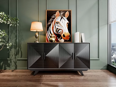 Black Console Cabinet With Zebra Painting Table Lamp And Books In Green Wall Wooden Floor 3d model