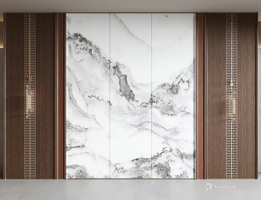 Modern Chinese Background Wall Design With Marble Texture Wooden Frames And Metal Accents 3d model 