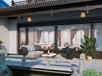 Traditional Chinese Patio Sofa and Coffee Table Set with Lanterns Green Plants and Stone Path 3d model