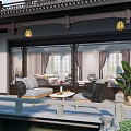 Traditional Chinese Patio Sofa and Coffee Table Set with Lanterns Green Plants and Stone Path