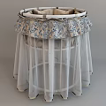Baby Crib with White Canopy Blue Floral Trim and Hanging Mobile Bells