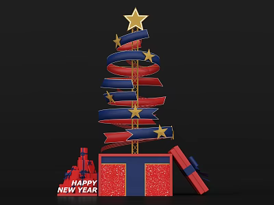 Happy New Year Spiral Christmas Tree Decoration With Red Blue Ribbons Gold Stars Gift Box 3d model