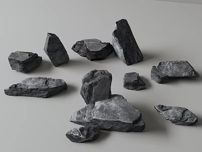 Collection Of Natural Grey Stones With Various Shapes Scattered On Light Background 3d model