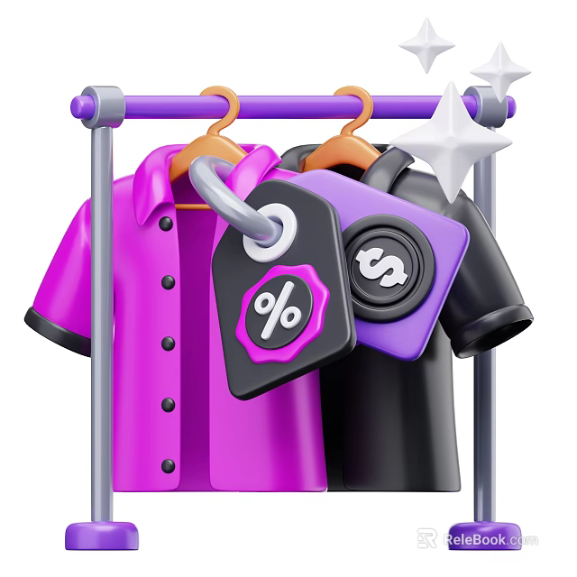 Stylish Clothes on Hangers with Pink Black Shirts and Discount Price Tags 3d model 