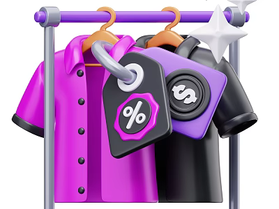 Stylish Clothes on Hangers with Pink Black Shirts and Discount Price Tags 3d model