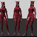 Women in Red Leather Catsuits with Cat Ears Headpiece and Metal Chains Three Different Angles