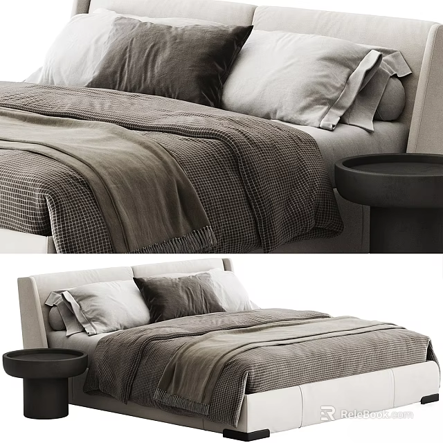 Modern Double Bed Interior With Gray Bedding White Pillows And Round Nightstand 3d model 