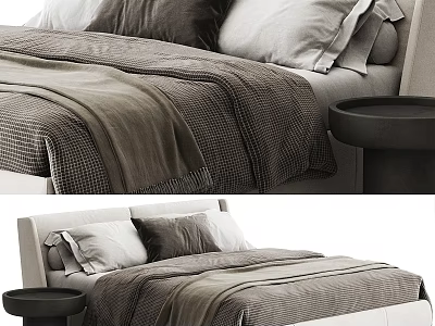 Modern Double Bed Interior With Gray Bedding White Pillows And Round Nightstand 3d model