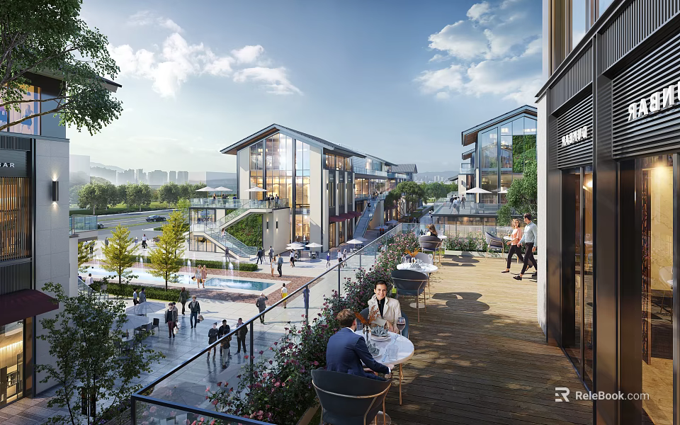 Modern Commercial Street With Glass Buildings Outdoor Seating And People 3d model 