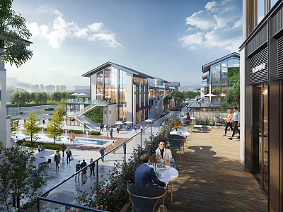 Modern Commercial Street With Glass Buildings Outdoor Seating And People 3d model