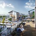Modern Commercial Street With Glass Buildings Outdoor Seating And People