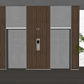 Modern Elevator Lobby With Dark Elevator Doors Wooden Panels Light Walls And Potted Plants