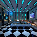 Modern KTV Room Interior With Blue Sofas Neon Light Strips And TV Screens