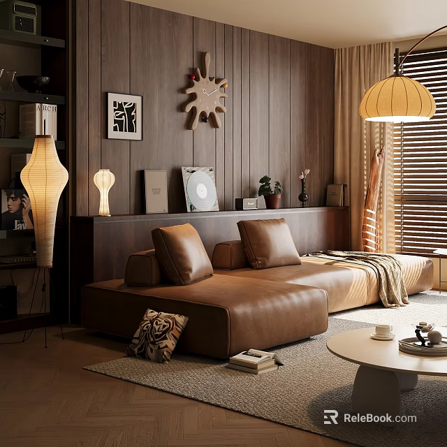 Mid Century Brown Leather Sofa And Round Coffee Table Set For Cozy Warm Living Space 3d model 