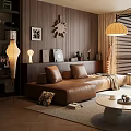 Mid Century Brown Leather Sofa And Round Coffee Table Set For Cozy Warm Living Space