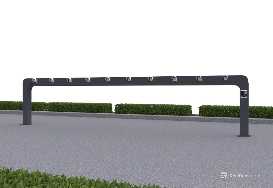 Outdoor Public Bicycle Rack With Multiple Parking Slots And Green Shrubs Near Pavement 3d model 