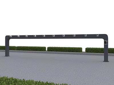 Outdoor Public Bicycle Rack With Multiple Parking Slots And Green Shrubs Near Pavement 3d model