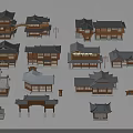 Ancient Chinese Traditional Architecture Models Featuring Various Tile Roofs And Pavilion Designs