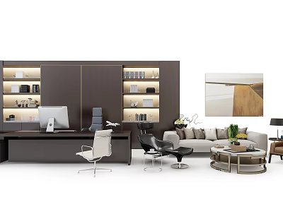 Modern Office Desk Interior Design With Computer Bookshelf Sofa Chairs and Decorative Painting 3d model