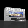 Modern Reception Desk with White Panel Wall and Large Screen Showing City Mall View 3d model