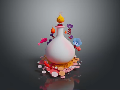 Vibrant Decorative Bottle Featuring Chicken Feathers And Organ Inspired Ornaments 3d model
