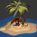Red Clothed Pirate Bird Creature Standing On Tropical Island With Palm Tree And Blue Water