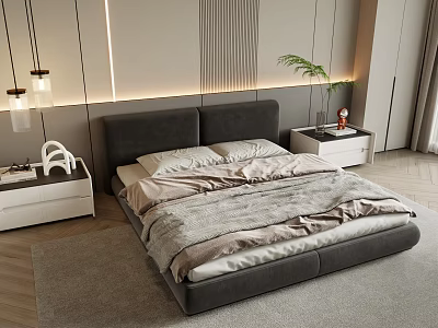 Modern Double Bed with Gray Headboard Light Bedding Nightstands and Pendant Lights in Bedroom 3d model