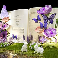 Whimsical Photo Spot With Open Book Purple Pink Flowers Butterflies White Bunnies And Green Grass