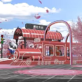 Cherry Blossom Station With Red Train Pink Trees Blue Arch Astronaut Panda Dolls Pink Petals