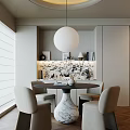 Elegant Modern Restaurant Interior With Round Marble Table Beige Chairs And Spherical Pendant Light 3d model