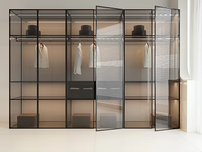 Modern Open Wardrobe With Metal Frame Glass Doors Hanging Clothes Hats And Storage Boxes 3d model