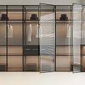 Modern Open Wardrobe With Metal Frame Glass Doors Hanging Clothes Hats And Storage Boxes