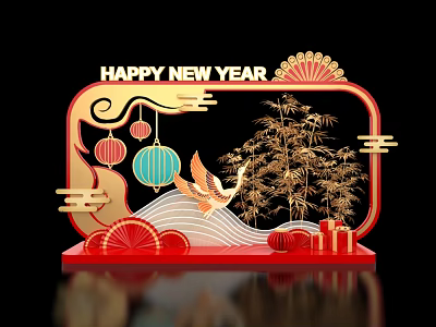 Chinese New Year Themed Photo Spot With Red Frame Golden Crane Bamboo And Lanterns 3d model